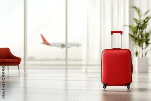 A red suitcase stands in the airport waiting room, surrounded by contemporary furniture. Through large windows, an airplane can be seen on the runway as travelers move about photo