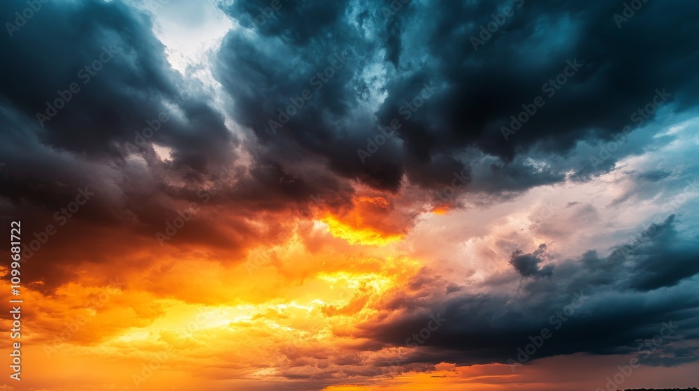 Obraz premium Dramatic Sunset Cloudscape Fiery Orange Dark Storm Clouds