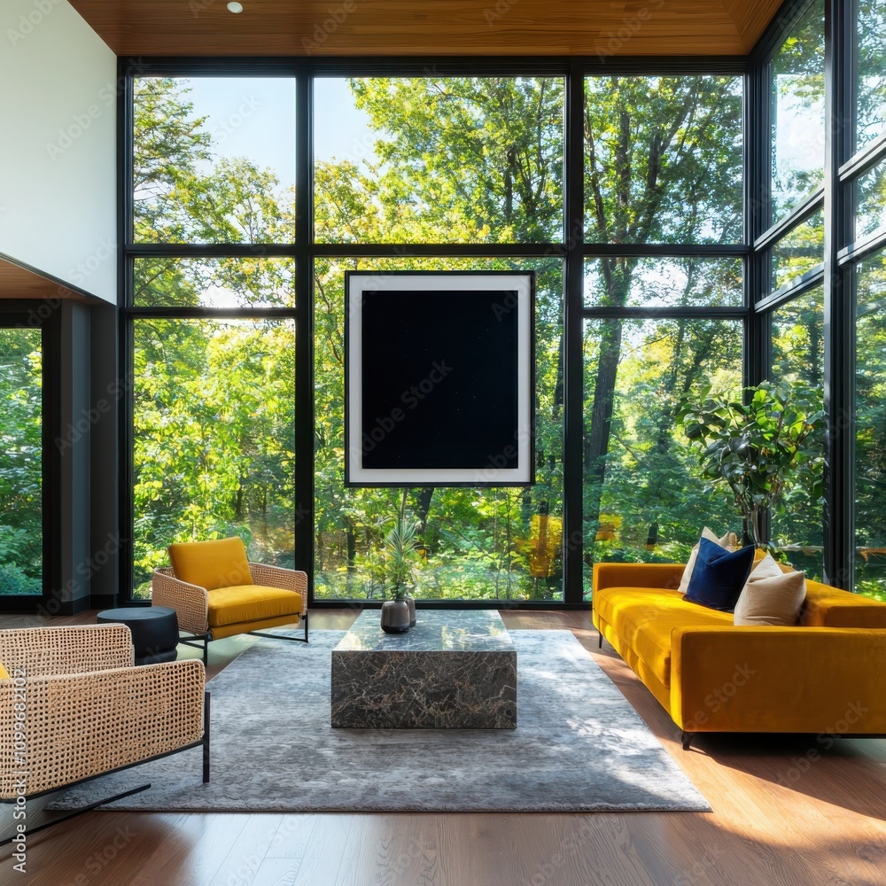 Obraz premium Showcasing luxury minimal black artwork frame with yellow velvet seating in a modern living room environment