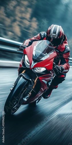 A Stunning Red Motorcycle Racing on a Wet Road.  High-Speed Action Shot of a Rider on a Sportbike, Perfect for Motorbike Enthusiasts. photo