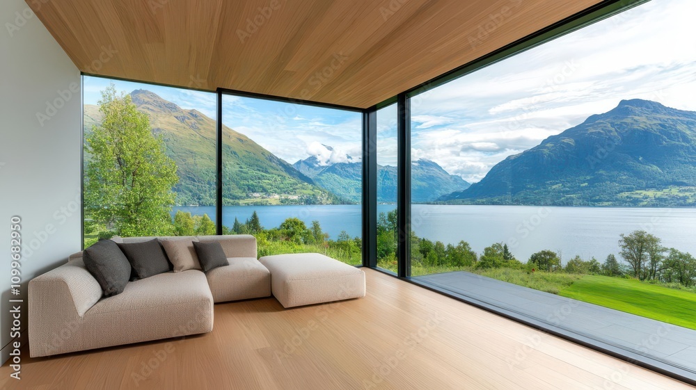 Fototapeta premium Lakeside house with a glasswalled living room, showcasing panoramic views of the water and mountains beyond glass house, lake and mountain view