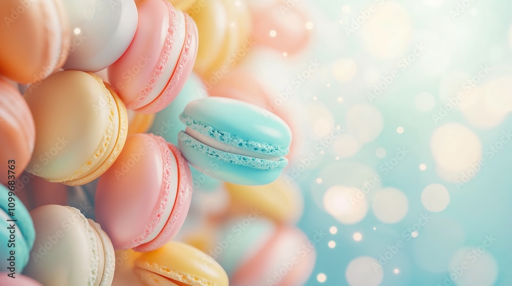 Obraz premium A bright and cute background on the theme of sweets: multi-colored macaroon cookies. The concept of a bright and festive mood
