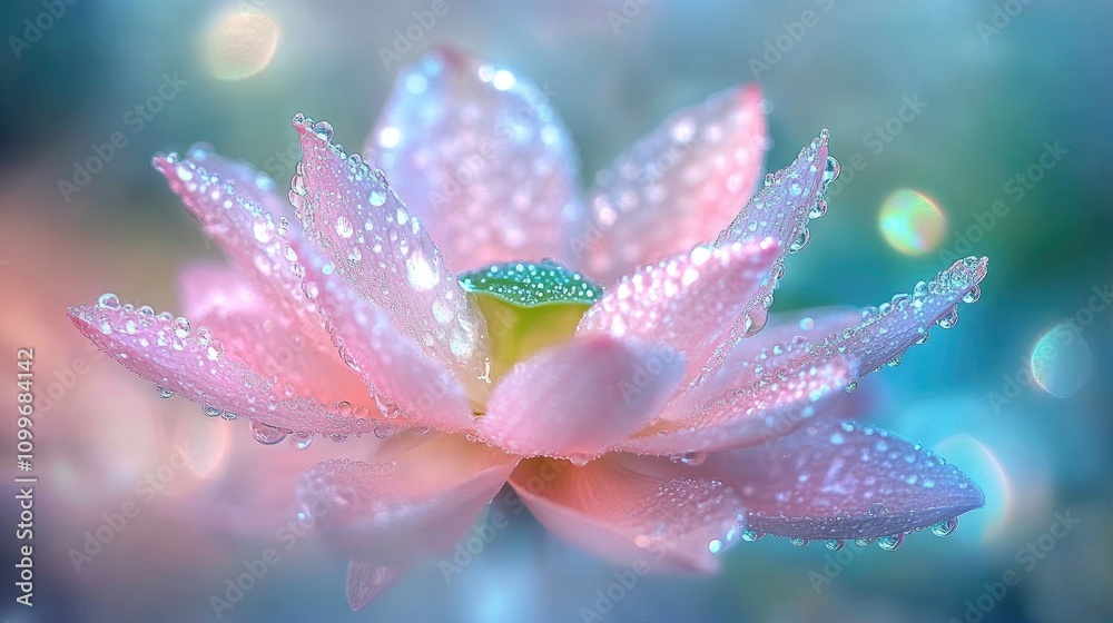 Fototapeta premium A breathtaking close-up of a flower with crystal-clear water droplets clinging to its surface, set against a softly blurred background of greenery