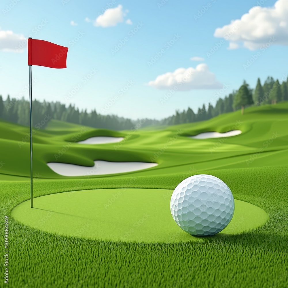 Obraz premium Golf Course Landscape with Flag and Ball on Green, Capturing the Essence of Sport and Nature in a Lush, Vibrant Setting Under Clear Blue Skies