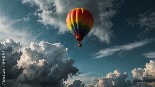 A colorful balloon floating up through a dense, gray cloudscape toward a bright, open sky