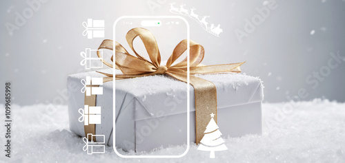 a white-golden christms gift in the whtie snow on light-grey background, clean modern, with smartphone as phone display screen, silhouette shapes photo