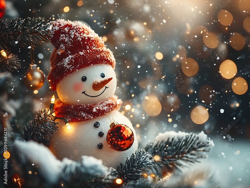 Obraz premium Cheerful Snowman and Elves Celebrate Merry Christmas with Glittering Ornaments and Joyful Music