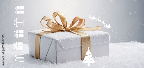 a white-golden christmas gift in the whtie snow on light-grey background, clean modern photo