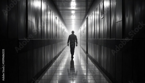 Wallpaper Mural Man walking in Corridor of Fear: Alone in the Dark with Creepy Lights, Scary Horror Background Torontodigital.ca