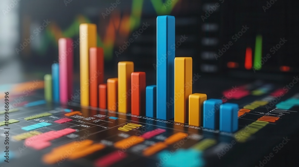 Obraz premium A colorful bar graph showcasing data trends against a dark background, illustrating analysis and visualization techniques.