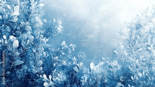 Winter landscape featuring frosted leaves and plants in cool blue tones