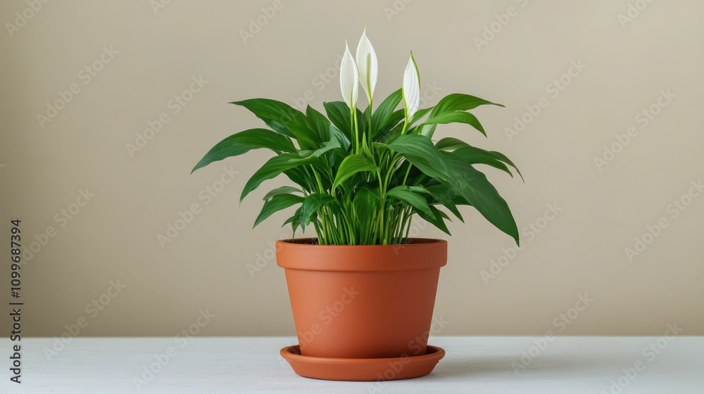 Fototapeta premium Peace Lily in a Terracotta Pot an Elegant Houseplant Perfect for Toxin Removal and Enhancing Indoor Air Ideal for Home or Office Decor with Its Classic Charm and Vibrant Green Foliage
