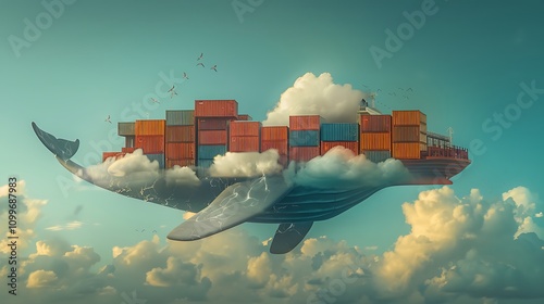 A surreal image of a whale carrying a cargo ship amidst clouds, blending marine life with transportation themes. photo