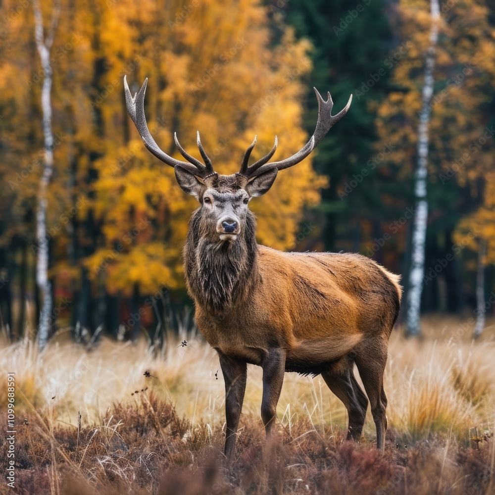 Obraz premium Stunning autumn forest landscape with deer stag.