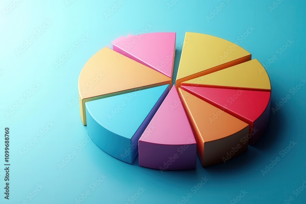 Obraz premium A colorful pie chart made of segmented shapes on a light blue background, representing data visualization and analysis.