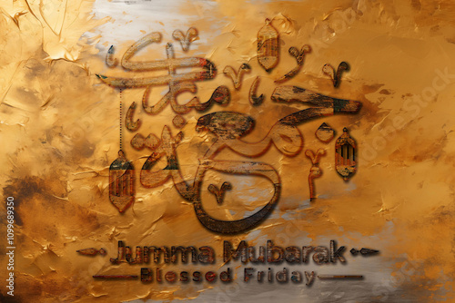 3D Jumma Mubarak calligraphy in Gold on a Golden background, translation blessed Friday, Jumma Mubarak Calligraphy For Social Media Posts Islamic Design