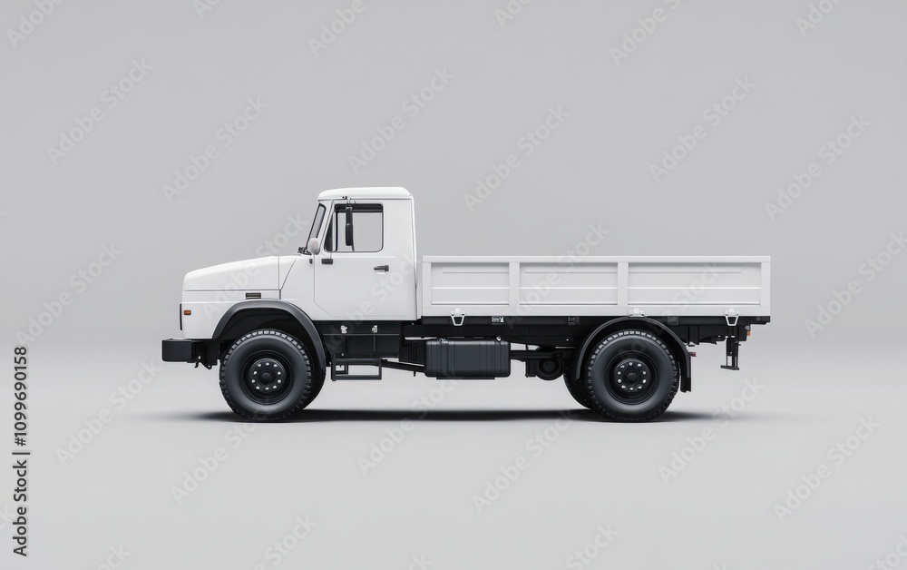 Fototapeta premium A photorealistic side view of a white cargo truck with a blank side, set against a gray background. 