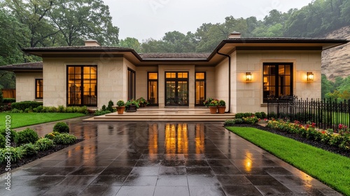 Modern House Exterior With Rainy Reflections and Lush Landscape