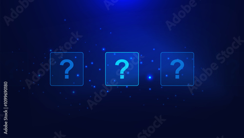 Question mark with glowing particles. Test, survey, decision, knowledge, problem and solution concept on dark blue background