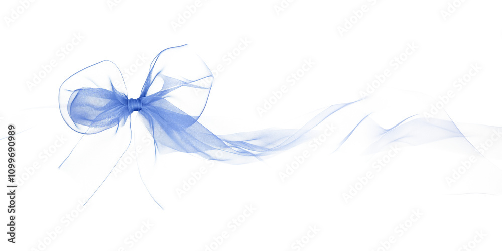 Obraz premium Blue organza ribbon bow with long straight silk strips isolated on transparent background, gift wrap decoration design
