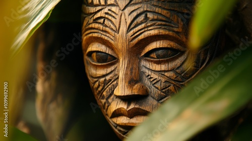 Intricate Wooden Tribal Mask, Close-up View of Carving photo