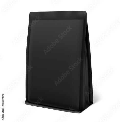 Vertical black flat bottom gusset bag mockup for food, sport nutrition. Half side view. Vector illustration isolated on white background. Can be use for template your design. EPS10.	