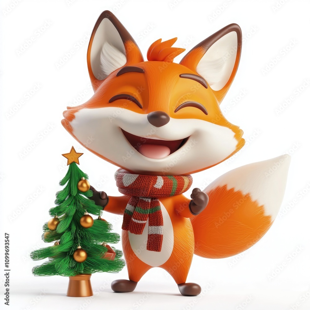 Obraz premium Cheerful cartoon fox with a Christmas tree, wearing a scarf and smiling joyfully.