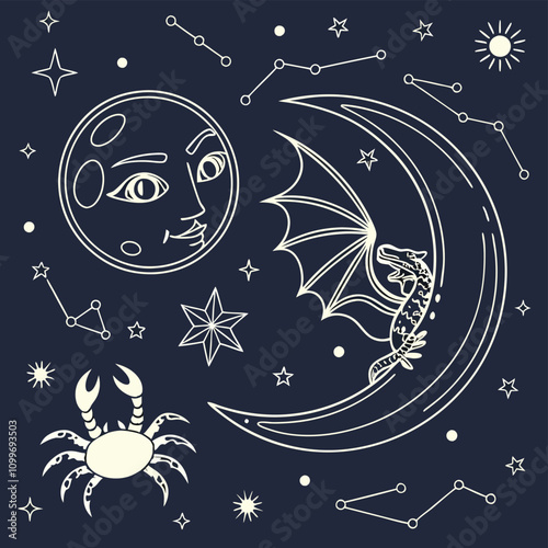 Adobe Illustrator Artwork, Zodiac signs inside of horoscope circle. Astrology in the sky with many stars and moons astrology and horoscopes concept
