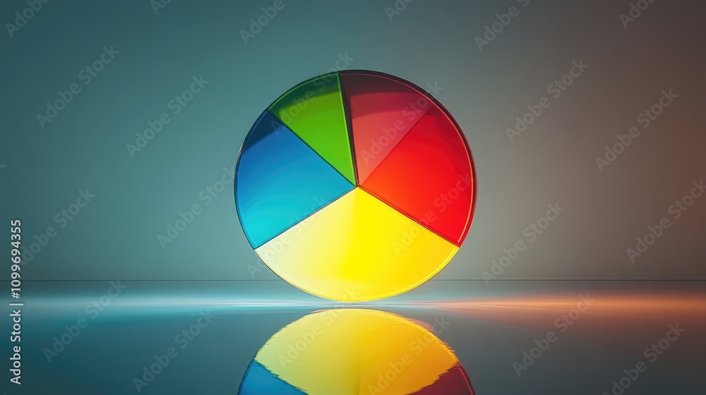 Fototapeta premium A glowing pie chart with segments separated slightly, floating over a reflective surface to represent diversified financial investments