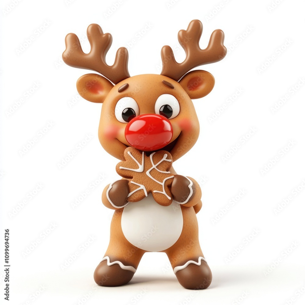 Fototapeta premium Playful cartoon reindeer holding a gingerbread cookie with a cheerful expression.