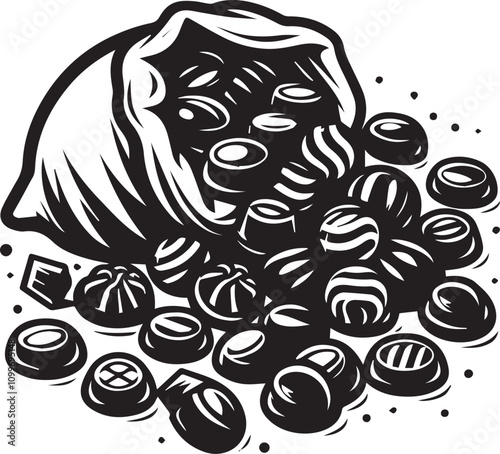 A Retro-Style Illustration of a Bag Overflowing with Assorted Candies. A graphic illustration of a large bag filled to the brim with various types of candies, in a black and white style.