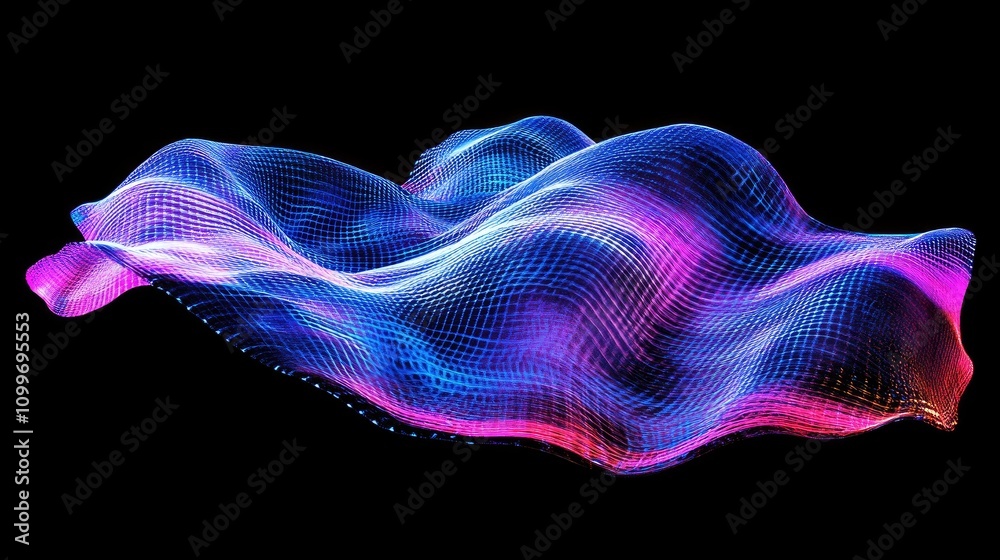 Obraz premium A holographic, abstract wave pattern in bright shades of blue and pink, floating against a black background, emphasizing movement and fluidity