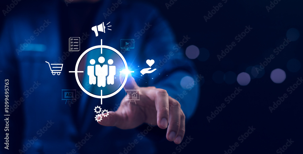 Concept emphasizes customer-focused strategies and precision marketing. Target customer, buyer personal, customer behavior, Marketing plan and strategies. Personalization marketing, customer-centric.