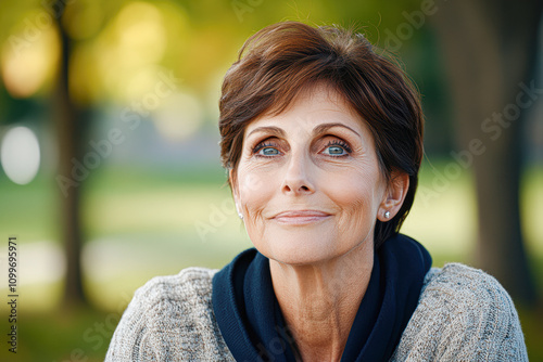 Woman Smiles Radiantly in Nature's Embrace Showcasing Joy and Serenity photo