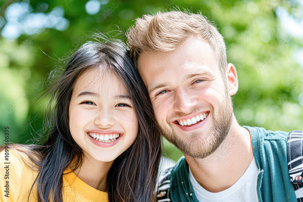Fototapeta premium Young Friends Share Joyful Moments in Nature with Bright Smiles and Laughter