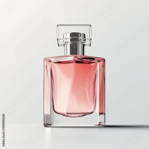 A bottle of pink perfume with a square shape, made of transparent glass material and a silver cap, set against a transparant background photo