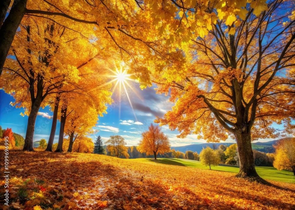 Fototapeta premium Golden Autumn Leaves Falling: Panoramic October Nature Scenery, Sunny Day Autumn Background Photography