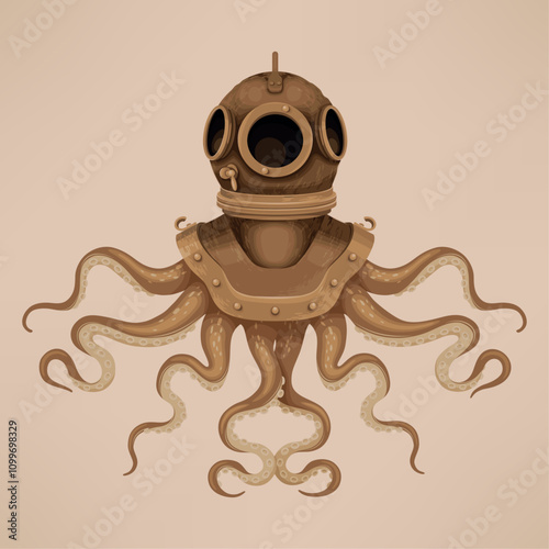 Illustration of octopus and vintage diver helmet