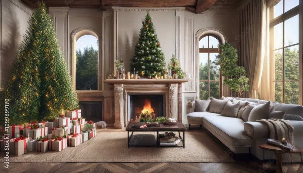 Fototapeta premium A traditional living room decorated with a cypress tree and a fireplace with ornaments and gifts for the holidays