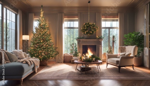 A traditional living room decorated with a cypress tree and a fireplace with ornaments and gifts for the holidays