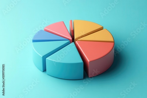 A colorful 3D pie chart with sections in various pastel colors, set against a solid turquoise background.