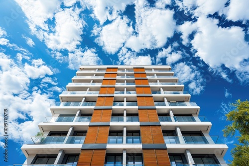 Modern apartment building with orange wooden slats and glass balconies against a bright blue sky with fluffy white clouds.