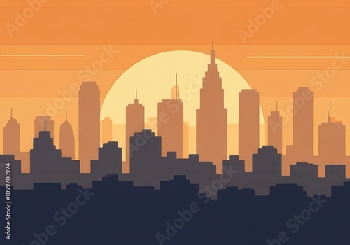 Modern city skyline silhouette at sunset with orange and yellow sky