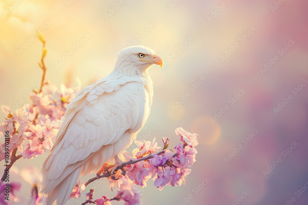 Fototapeta premium eagle on flowers branch at nature background