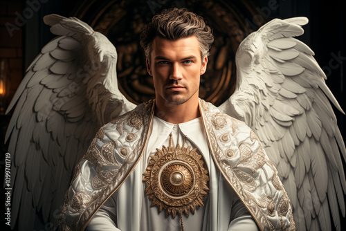 Male angel with wings and white clothing. Image created with AI