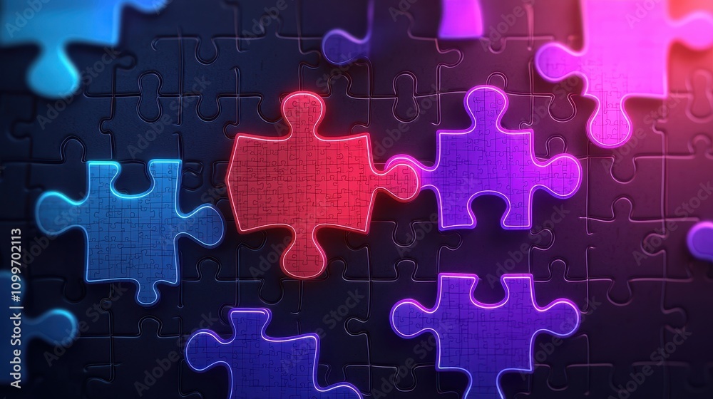 Fototapeta premium Colorful Puzzle Pieces on Dark Background with Neon Glow Effects