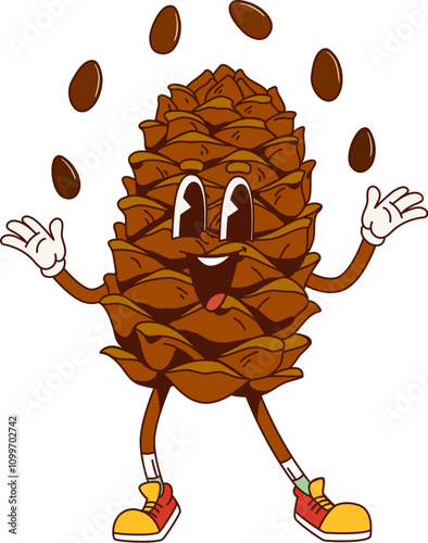 Groovy pine nut cone character with funny face in retro cartoon, vector comic emoji. Funky groovy pine cone juggling nut seeds with happy silly smile for psychedelic retro cartoon character