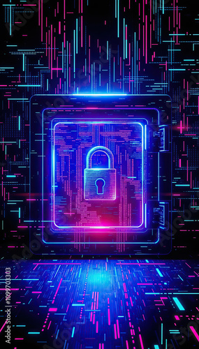 digital padlock holographic neon secure data protection cyber security encryption technology privacy online safety futuristic vertical format