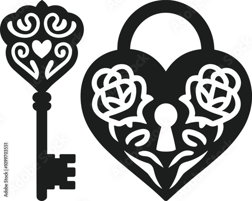 Ornamental Heart Lock and Decorative Key Vector Illustration with Rose Motif photo