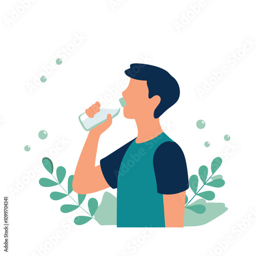 Man drinking water from a bottle. Vector illustration in flat style.